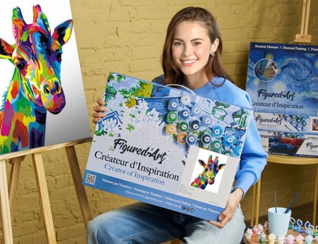 Peinture par Numéro Figured'Art avec Cadre - Girafe Pop Art - Kit de Loisir Créatif DIY Numéro d'Art Complet - 40x50cm toile tendue sur châssis