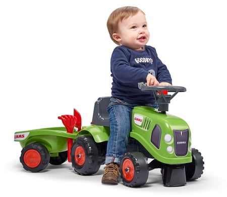 Porteur tracteur Claas avec volant directionnel avec klaxon remorque pelle et rateau Vert Des 12 mois 100 Fabrique en France Contient 40 de Plastique recycle FALK Jeux d exterieur Cultura
