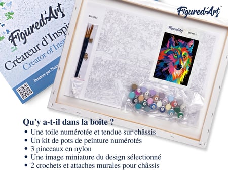 Peinture par Numéro Figured'Art avec Cadre - Loup Pop Art - Kit de Loisir Créatif DIY Numéro d'Art Complet - 40x50cm toile tendue sur châssis