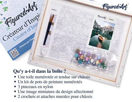 Peinture par Numéro Figured'Art avec Cadre - Barque et lac de montagne taille - Kit de Loisir Créatif Numéro d'Art - 40x50cm toile tendue sur châssis
