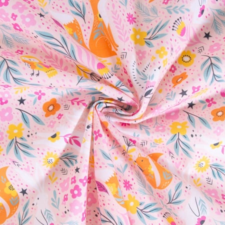 Tissu Coton imprimé Animaux en forêt sur fond Rose pâle