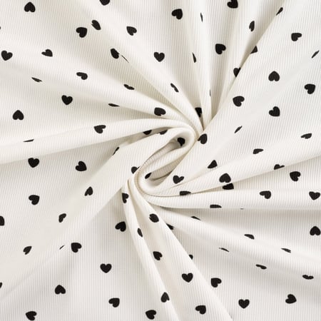 Tissu Jersey Coton Bord côte Coeurs noirs sur fond Ecru