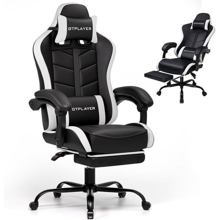 Chaise gaming ergonomique - GTPLAYER - avec repose-pieds et support lombaire noir/blanc