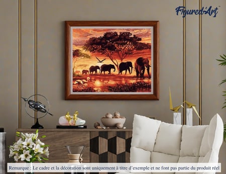 Peinture par Numéro Figured'Art - Eléphants au Coucher du soleil - Kit de Loisir Créatif DIY Numéro d'Art Complet - 40x50cm sans châssis en bois