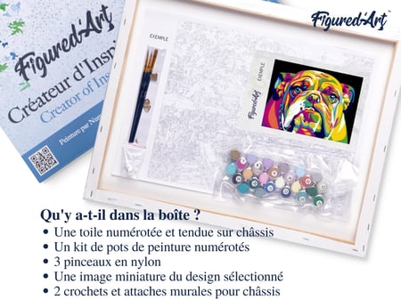 Peinture par Numéro Figured'Art avec Cadre - Bulldog Pop Art - Kit de Loisir Créatif DIY Numéro d'Art Complet - 40x50cm toile tendue sur châssis