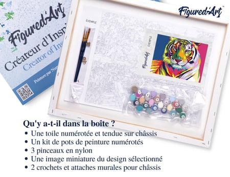 Peinture par Numéro Figured'Art avec Cadre - Tigre Pop Art 2 - Kit de Loisir Créatif DIY Numéro d'Art Complet - 40x50cm toile tendue sur châssis