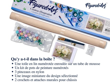 Peinture par Numéro Figured'Art - Pivoines blanches - Kit de Loisir Créatif DIY Numéro d'Art Complet - 40x50cm sans châssis en bois