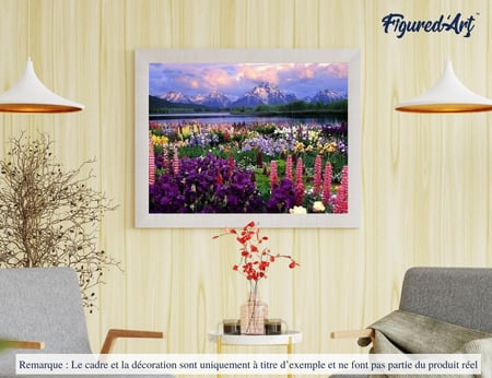 Peinture par Numéro Figured'Art - Fleurs et Lac au pied de la Montagne - Kit de Loisir Créatif DIY Numéro d'Art - 40x50cm sans châssis en bois