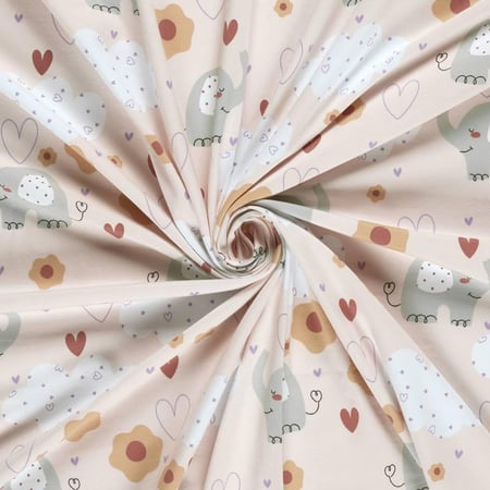 Tissu Jersey Coton imprimé Love & Jumbo Elephants sur fond Rose pastel