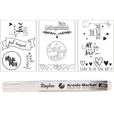 Modèles fenêtre Mariageetamour, 3modèles+1 marqueur craie, Boite 1kit