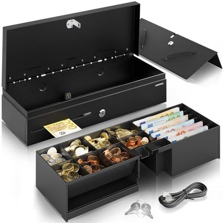 Tiroir Caisse 46x18x10 Compatible avec Caisse Enregistreuse RJ11, 8 compartiments Monnaie & 6 pour Billets, Insert Amovible- ACROPAQ