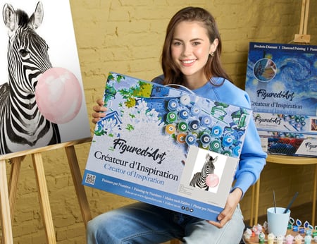 Peinture par Numéro Figured'Art avec Cadre - Zèbre et Chewing gum - Kit de Loisir Créatif DIY Numéro d'Art - 40x50cm toile tendue sur châssis