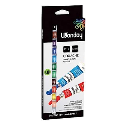 Boîte de 12 tubes - Peinture gouache WONDAY - Couleurs assorties - Fine