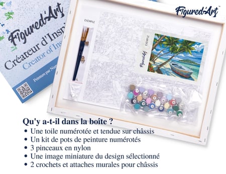Peinture par Numéro Figured'Art avec Cadre - Barque sous les Cocotiers - Kit de Loisir Créatif DIY Numéro d'Art - 40x50cm toile tendue sur châssis
