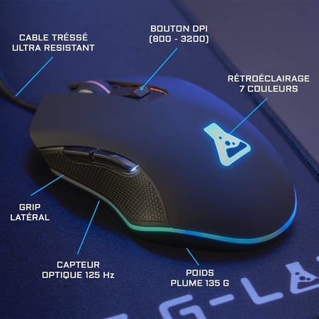 Combo gaming G-Lab Helium - Souris réactive - Clavier rétro éclairé - Ecouteurs intra - Tapis de souris antidérapant - Noir