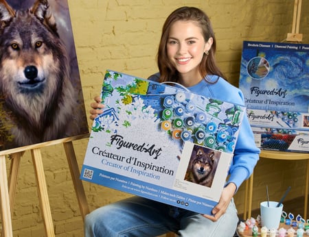 Peinture par Numéro Figured'Art avec Cadre - Tête de loup - Kit de Loisir Créatif DIY Numéro d'Art Complet - 40x50cm toile tendue sur châssis