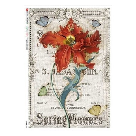 1 feuille de papier de riz 32 x 45 cm découpage collage Paper Designs FLEUR ROUGE PAPILLON RETRO 0356XL