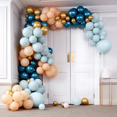 Kit Arche Luxe de 200 Ballons - Bleu turquoise, Pêche, Menthe et Or