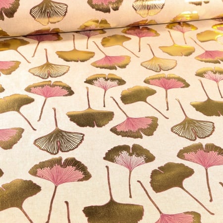 Tissu Toile Coton Feuilles de Gingko dorés et rose sur fond Naturel