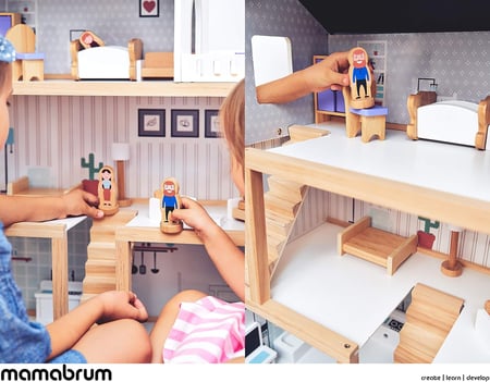 Maison De Poupées En Bois 70x30x60cm Mamabrum - 3 Étages, 18 Accessoires - Pour Enfants +3 Ans - Norme CE