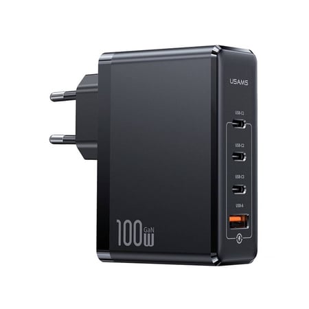 Usams Chargeur Secteur 3 USB-C / 1 USB-A 100W GaN PD 3.0 Ultra Rapide Noir