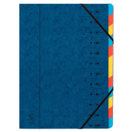 Trieur agrafé avec élastiques 12 compartiments - Bleu - x 8 - Exacompta