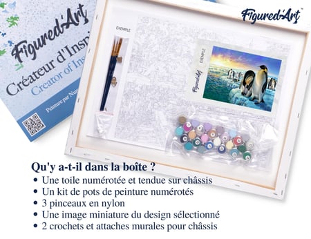 Peinture par Numéro Figured'Art avec Cadre - Pingouins sur la banquise - Kit de Loisir Créatif DIY Numéro d'Art - 40x50cm toile tendue sur châssis