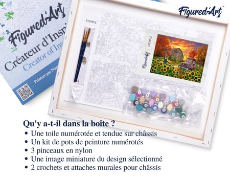 Peinture par Numéro Figured'Art avec Cadre - Tournesols devant la grange - Kit de Loisir Créatif DIY Numéro d'Art - 40x50cm toile tendue sur châssis