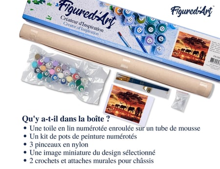 Peinture par Numéro Figured'Art - Eléphants au Coucher du soleil - Kit de Loisir Créatif DIY Numéro d'Art Complet - 40x50cm sans châssis en bois