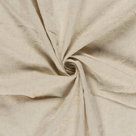 Tissu Viscose Lin chaine et trame Alice broderie fleurs sur fond Beige