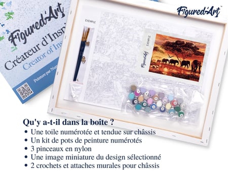 Peinture par Numéro Figured'Art avec Cadre - Eléphants au Coucher du soleil - Kit de Loisir Créatif Numéro d'Art - 40x50cm toile tendue sur châssis