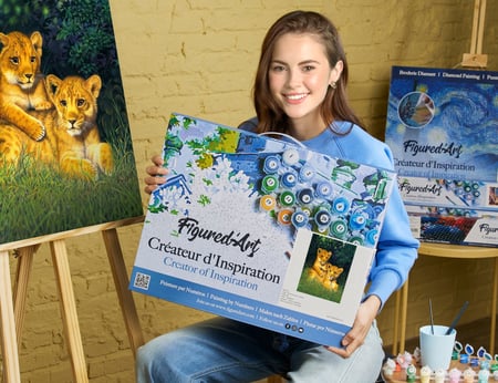Peinture par Numéro Figured'Art avec Cadre - Lionceaux - Kit de Loisir Créatif DIY Numéro d'Art Complet - 40x50cm toile tendue sur châssis