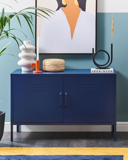 Buffet Bleu Marin en Acier 65 x 100 x 40 cm à 2 Portes à Fentes 1 Etagère Mobilier pour Bureau Style Industriel Moderne