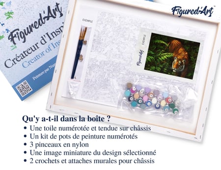 Peinture par Numéro Figured'Art avec Cadre - Tigre dans les fougères - Kit de Loisir Créatif DIY Numéro d'Art - 40x50cm toile tendue sur châssis