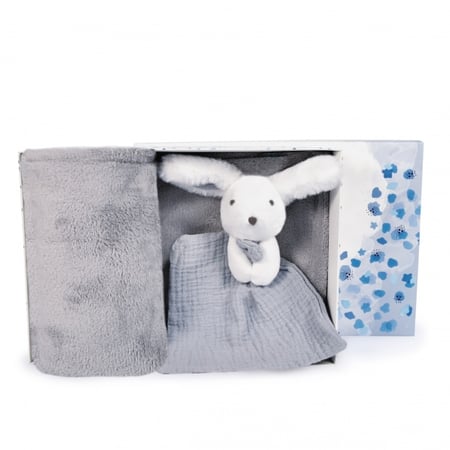 Coffret cadeau naissance plaid et Doudou Lapin Happy Glossy - 70 x 100 cm - doudou et compagnie