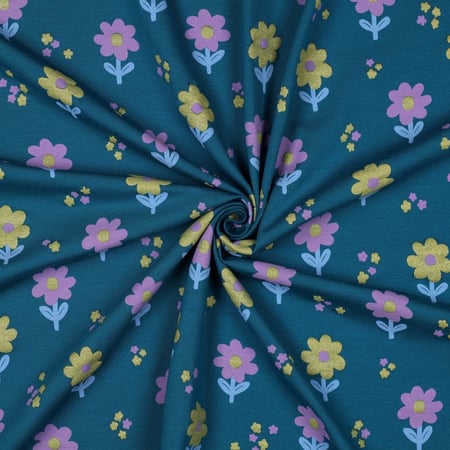 Tissu Jersey Coton imprimé Fleurs pailletées Vert et parme sur fond Bleu canard