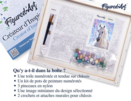 Peinture par Numéro Figured'Art avec Cadre - Cheval et Fleurs blanches - Kit de Loisir Créatif DIY Numéro d'Art - 40x50cm toile tendue sur châssis
