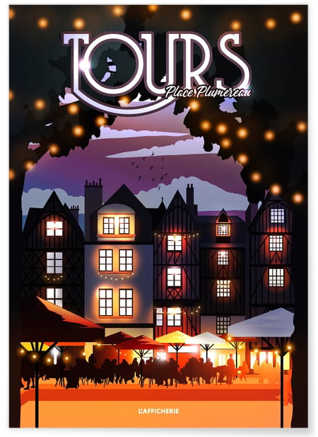 Affiche ville Tours : Place Plumereau nuit | A3 : 29,7x42cm