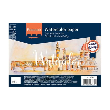 Papier aquarelle Florence - Rugueux - 100 feuilles - Blanc cassé - A5 - 300 g/m²