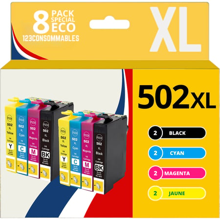 123CONSOMMABLES - 502XL - Cartouches d'encre Compatible pour Epson 502 XL pour Epson Expression Home XP-5100 XP5100 XP-5105 XP-5150 XP-5155 Workforce WF-2860 WF-2865 WF-2880 WF-2885 (8 pack) - 123CONSOMMABLES