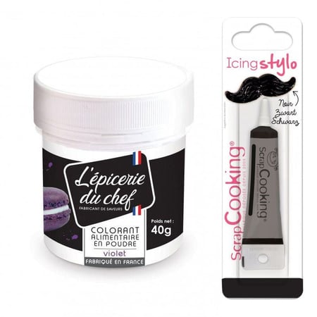 Colorant alimentaire en poudre violet 40 g + Stylo glaçage noir