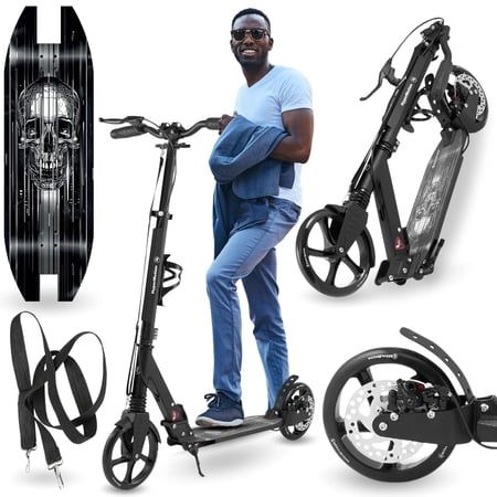 Trottinette Enfant Noire jusqu'à 100kg - 2 amortisseurs - Pliable - 2 Freins- Aluminium- ABEC-7