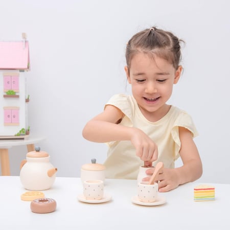 LTFIOON Service à Thé Enfant 13 Pièces Bois & Silicone - Tea Party Jeu De Rôle Cadeau 3 Ans+