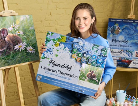 Peinture par Numéro Figured'Art avec Cadre - Lapin et marguerites - Kit de Loisir Créatif DIY Numéro d'Art - 40x50cm toile tendue sur châssis