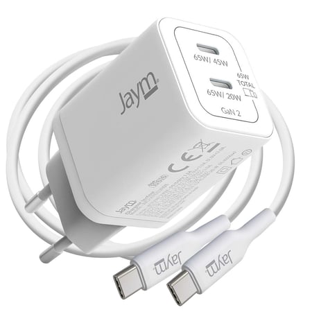 Jaym Chargeur Secteur 2 USB-C GaN 65W PD-PPS avec Câble USB-C vers USB-C 100W 2m Blanc