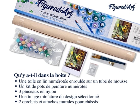 Peinture par Numéro Figured'Art - Tournesols et Pomme devant la Fenêtre - Kit de Loisir Créatif DIY Numéro d'Art - 40x50cm sans châssis en bois