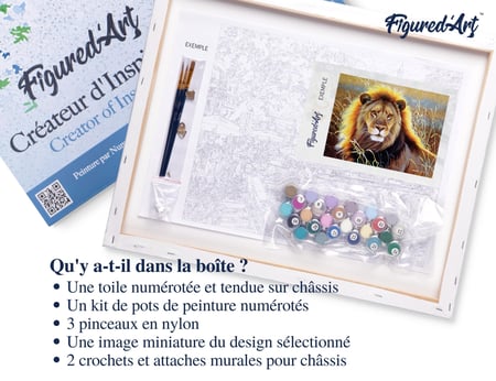 Peinture par Numéro Figured'Art avec Cadre - Lion dans la savane - Kit de Loisir Créatif DIY Numéro d'Art Complet - 40x50cm toile tendue sur châssis
