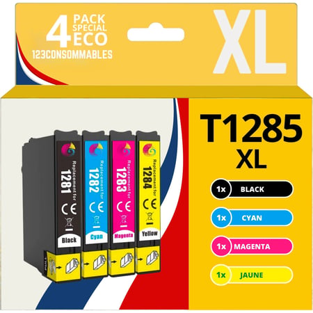 123CONSOMMABLES - T1285 - Cartouches d'encre Compatible avec EPSON T1285 Renard - pour EPSON Stylus T22 Office BX305F BX305FW SX125 SX130 SX230 (1 Noir / 1 Cyan / 1 Magenta / 1 Jaune) - 123CONSOMMABLES