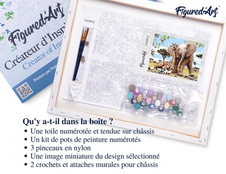 Peinture par Numéro Figured'Art avec Cadre - Amis Eléphant & Girafe - Kit de Loisir Créatif DIY Numéro d'Art - 40x50cm toile tendue sur châssis