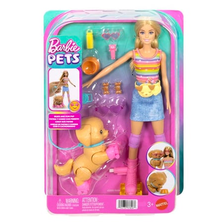 Poupée mannequin Barbie avec chiot sur patins à roulettes - Mattel